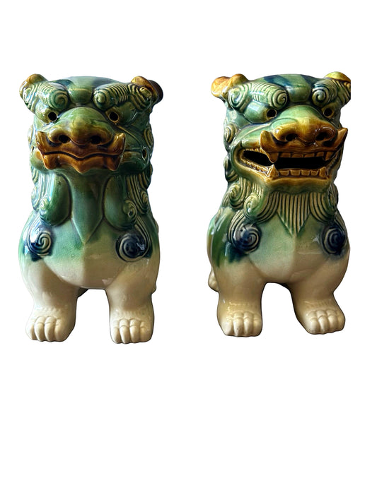Large Mid Century Chinese Glazed Ceramic Foo Dogs - a Pair