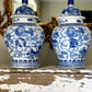 Vintage Chinese Blue and White Temple Jars Depicting Foo Dogs - a Pair