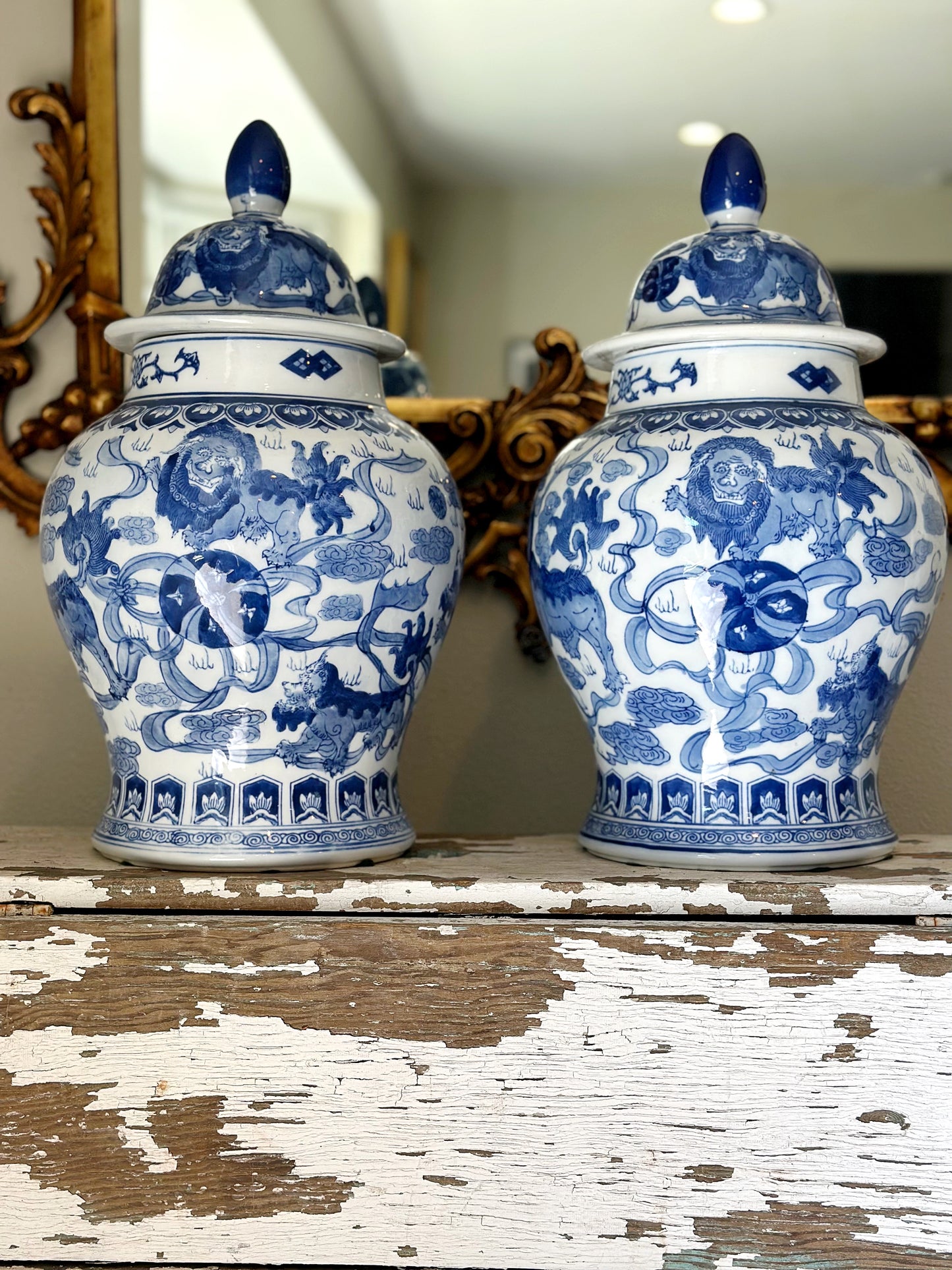 Vintage Chinese Blue and White Temple Jars Depicting Foo Dogs - a Pair