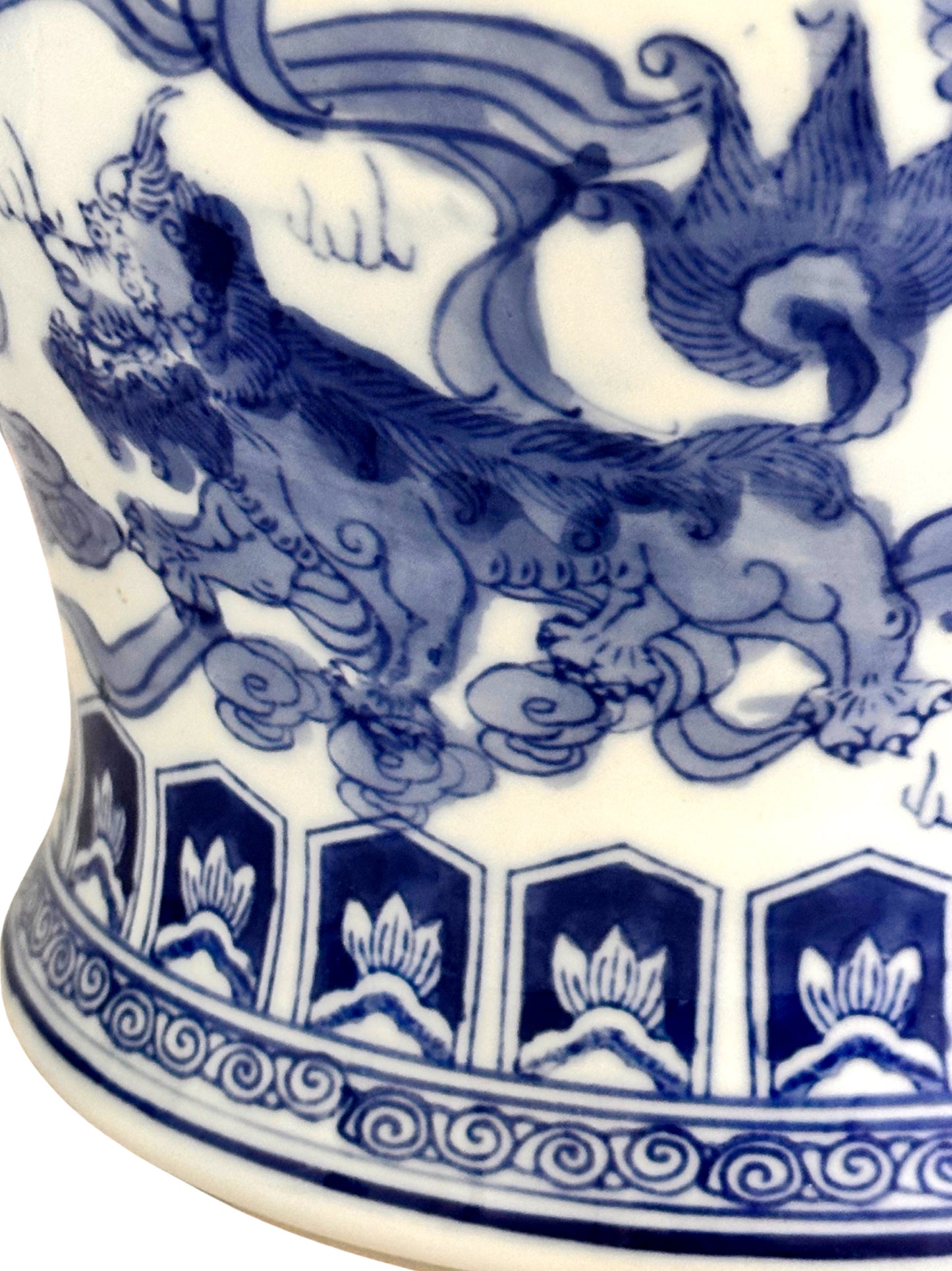 Vintage Chinese Blue and White Temple Jars Depicting Foo Dogs - a Pair