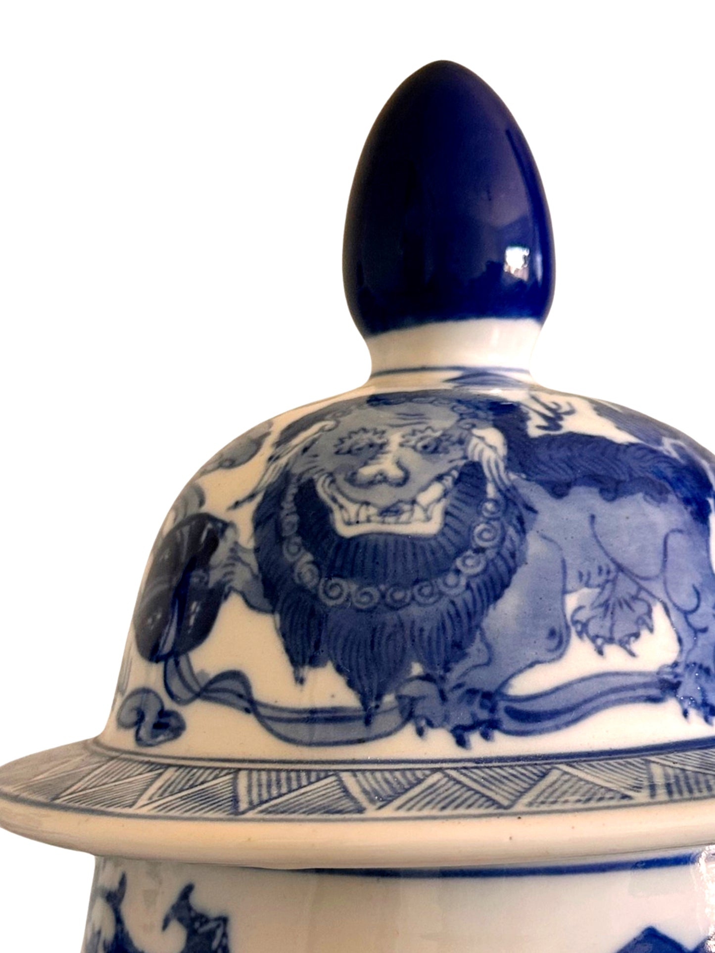 Vintage Chinese Blue and White Temple Jars Depicting Foo Dogs - a Pair