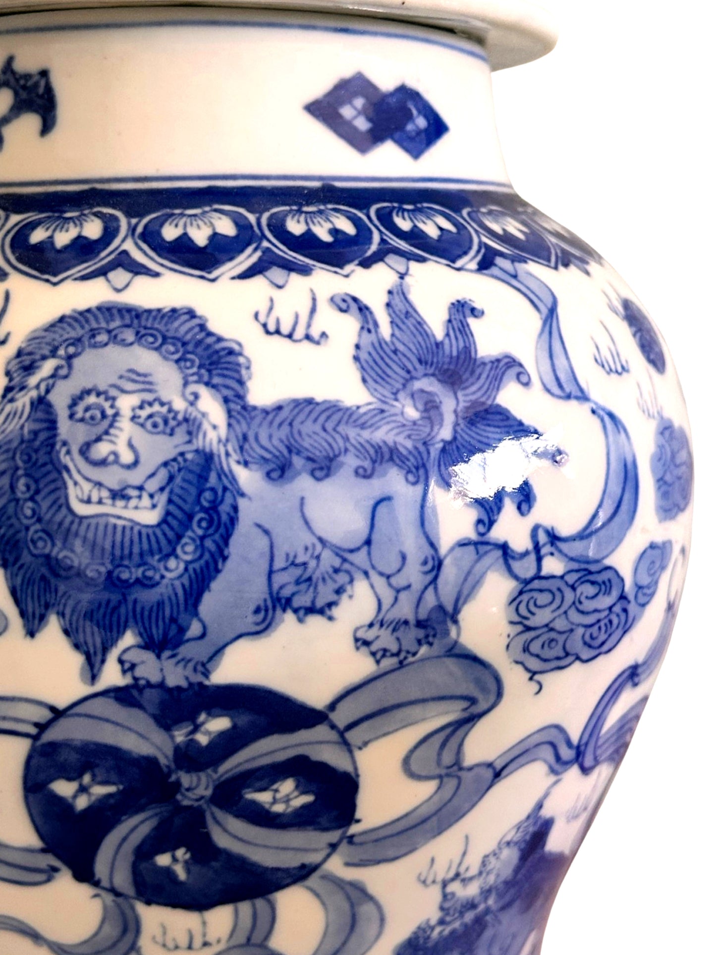 Vintage Chinese Blue and White Temple Jars Depicting Foo Dogs - a Pair