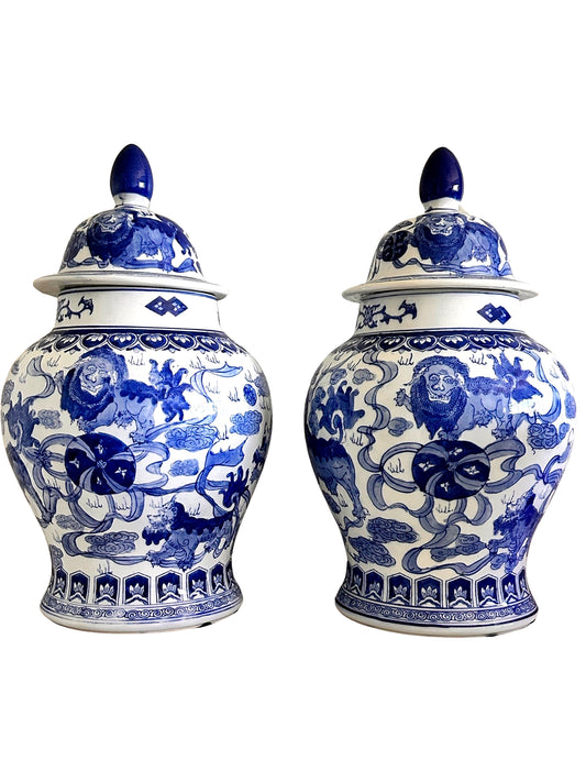 Vintage Chinese Blue and White Temple Jars Depicting Foo Dogs - a Pair