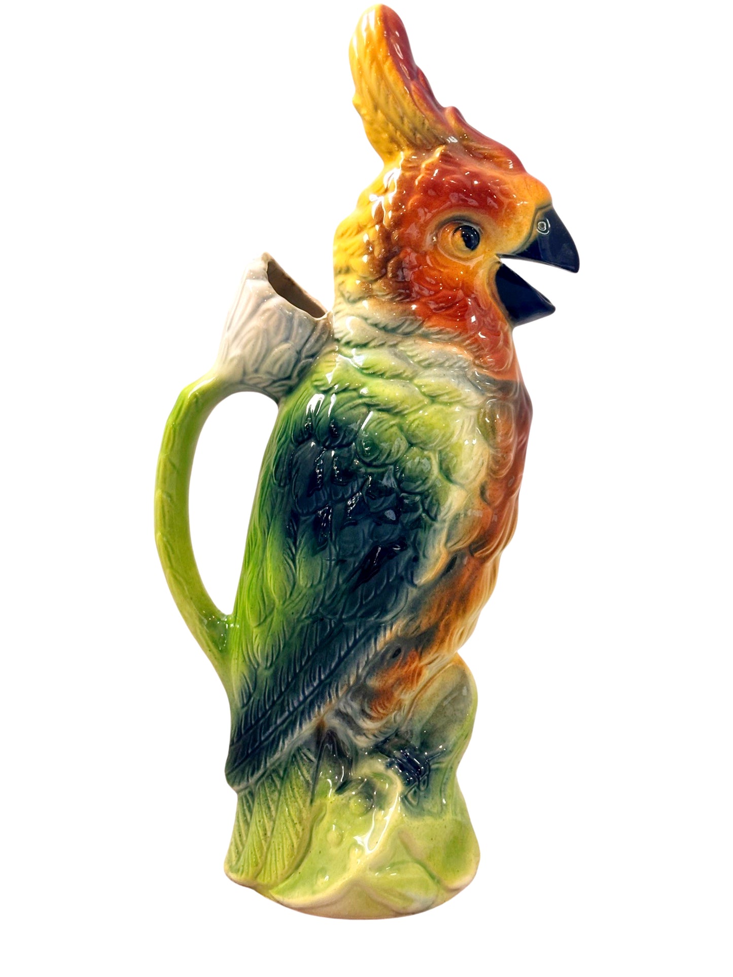 Antique French Majolica Cockatoo or Parrot Pitcher by St. Clement Potteries c.1920s