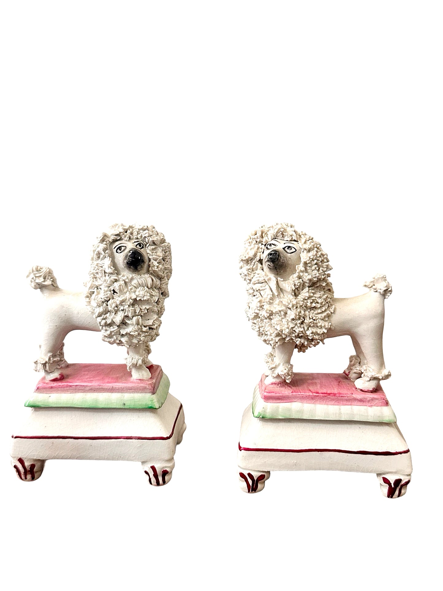 Antique Diminutive Staffordshire Chelsea Confetti Poodles on Pedestals c.1910-1920