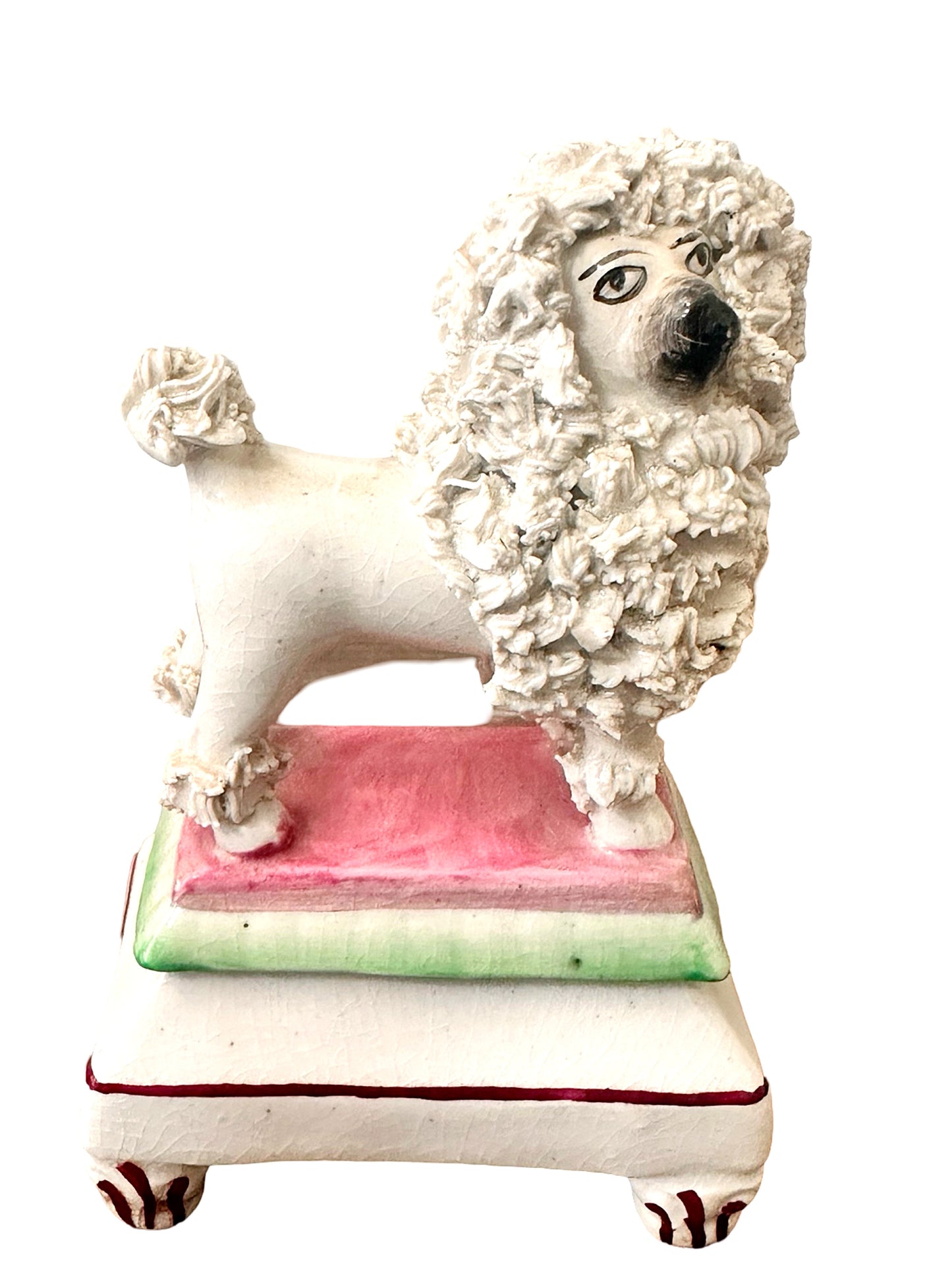 Antique Diminutive Staffordshire Chelsea Confetti Poodles on Pedestals c.1910-1920