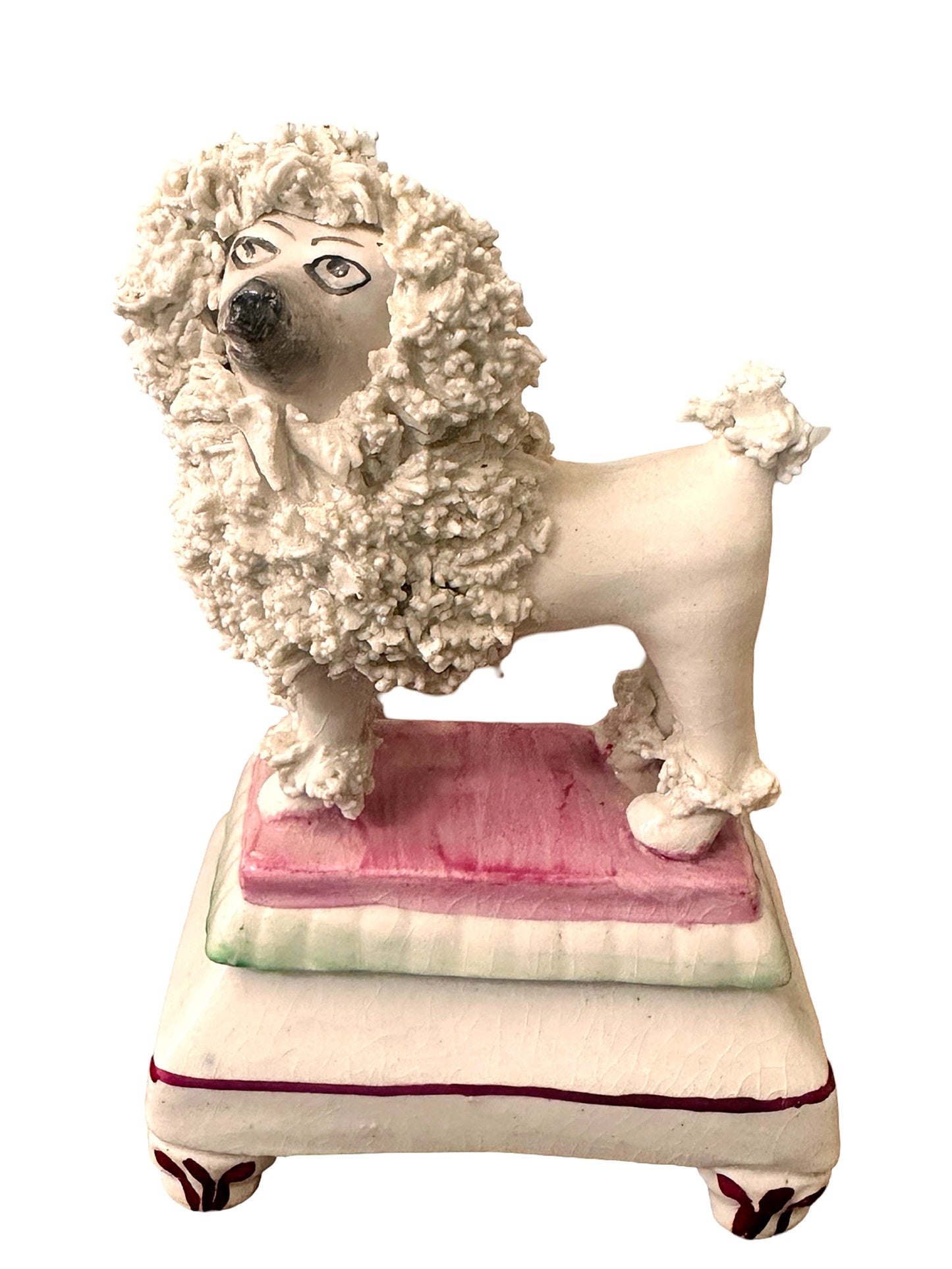 Antique Diminutive Staffordshire Chelsea Confetti Poodles on Pedestals c.1910-1920