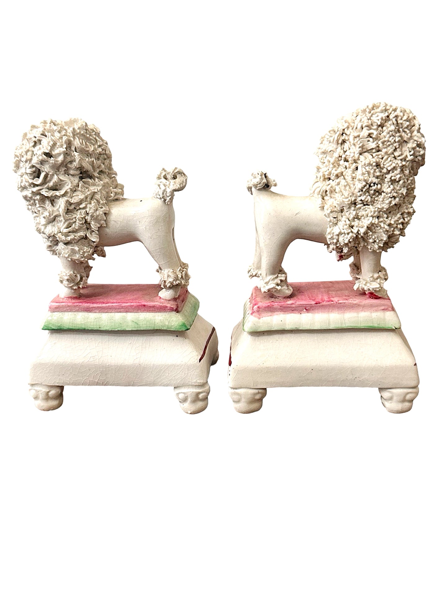 Antique Diminutive Staffordshire Chelsea Confetti Poodles on Pedestals c.1910-1920