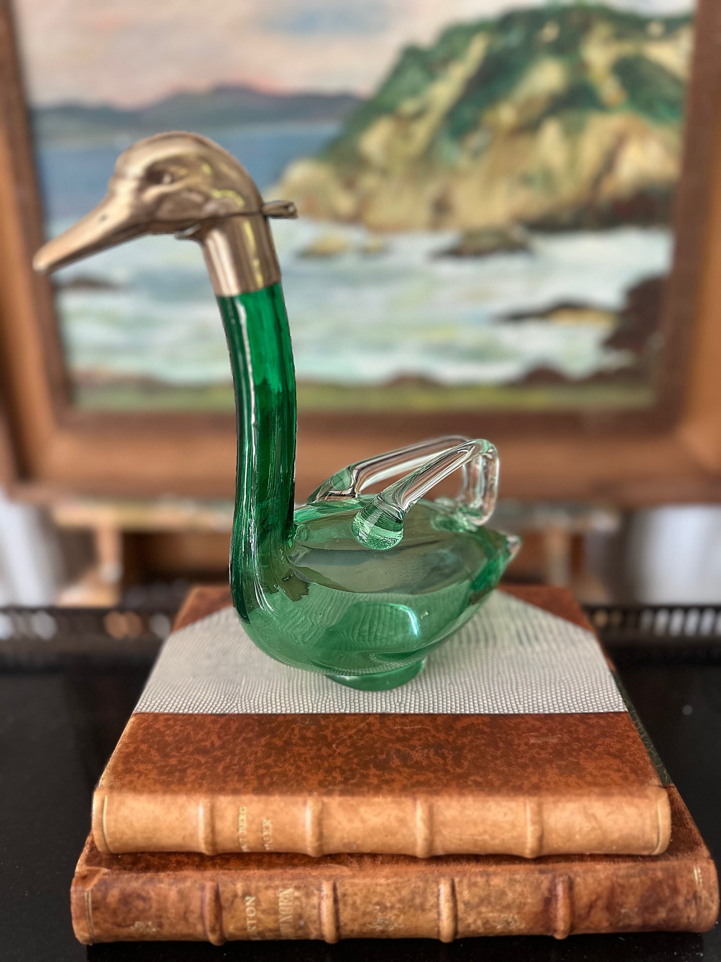 Art Deco Austrian Brass and Emerald Green Crystal Swan Decanter - c.1930s Grandmillenial