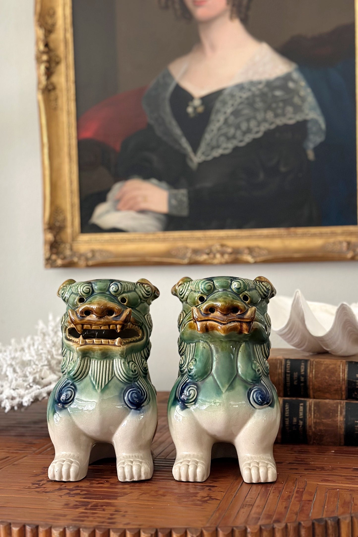 Large Mid Century Chinese Glazed Ceramic Foo Dogs - a Pair