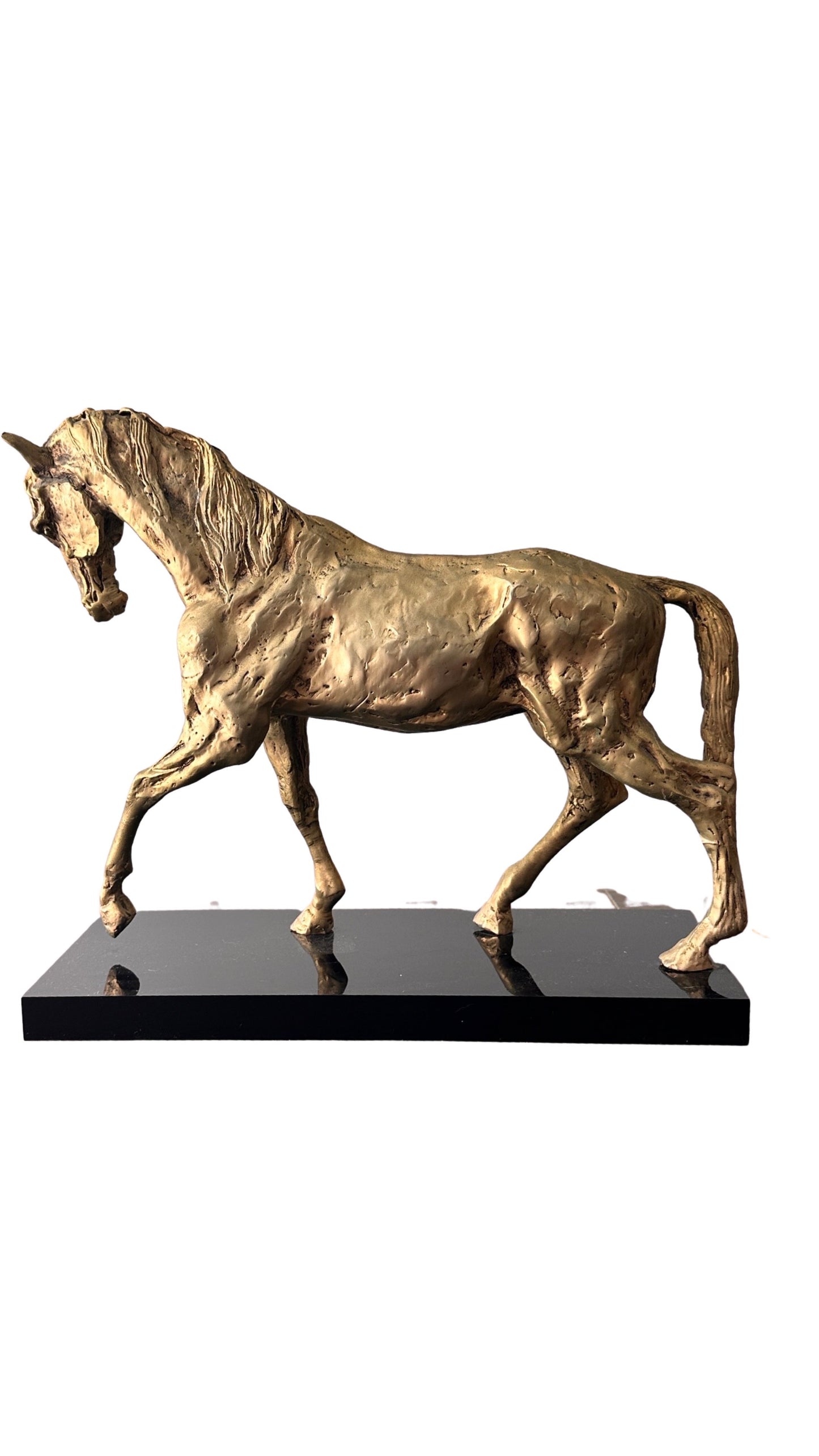 Mid Century Brutalist Style Gilt Metal Horse Sculpture or Statue on Black Stone Base