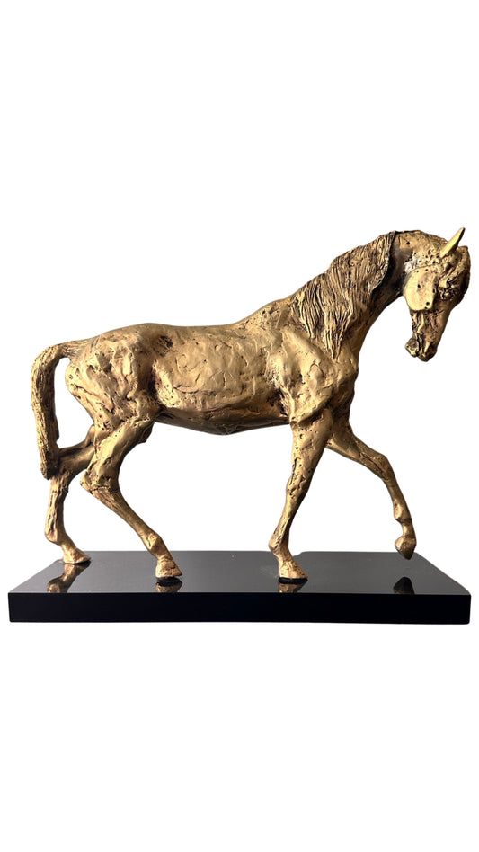 Mid Century Brutalist Style Gilt Metal Horse Sculpture or Statue on Black Stone Base