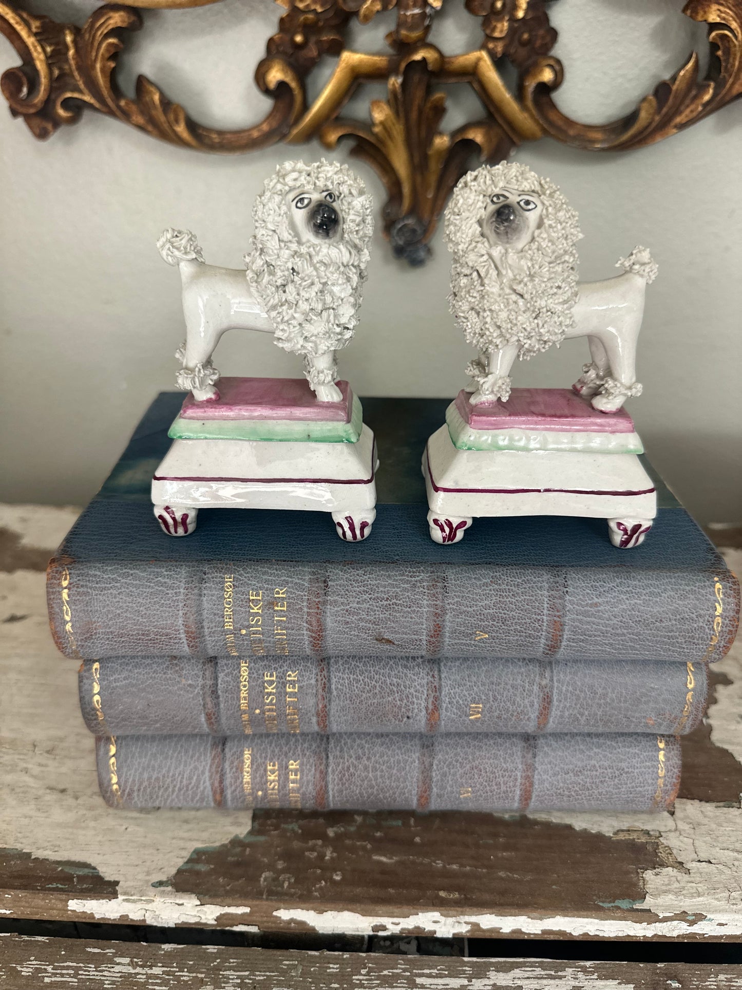 Antique Diminutive Staffordshire Chelsea Confetti Poodles on Pedestals c.1910-1920