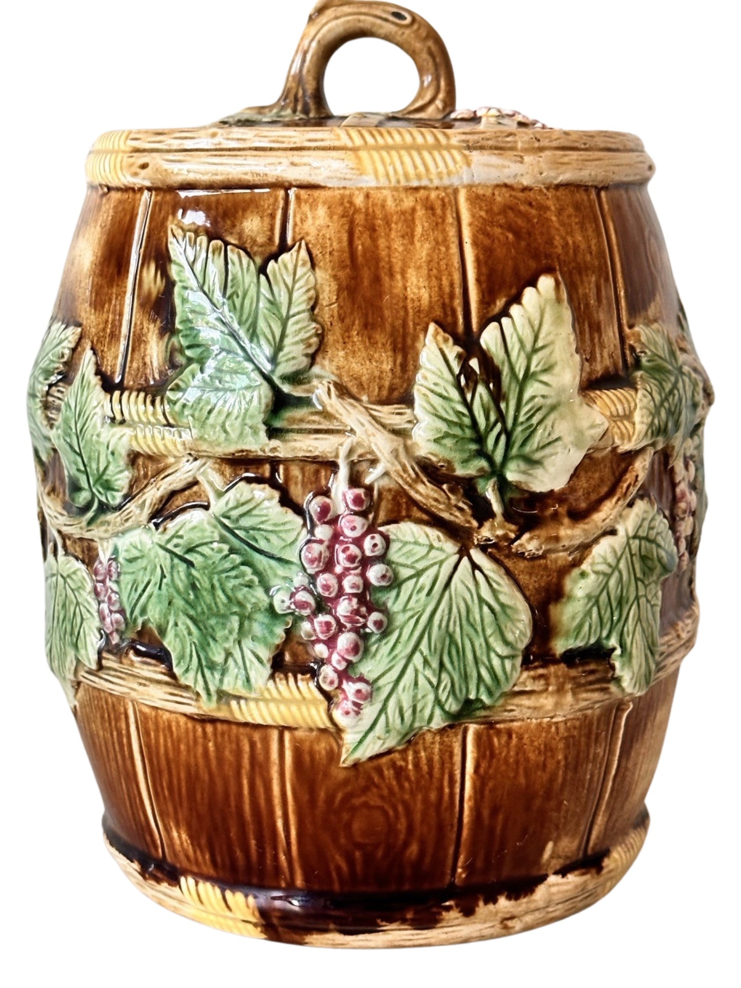 Antique English Majolica Oak Barrel and Vines Biscuit Barrel in the style of George Jones