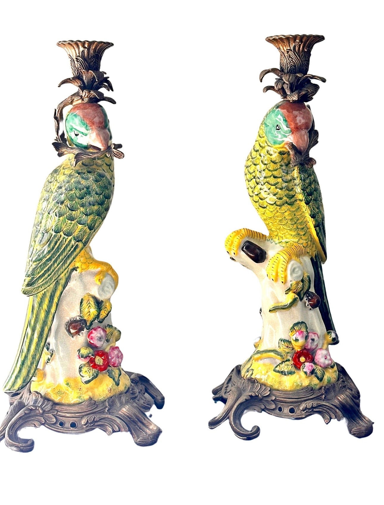 Vintage Glazed Ceramic Parrot Candleholders With Bronze Detail - a Pair