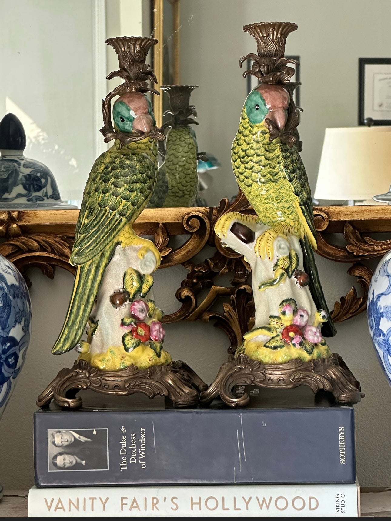 Vintage Glazed Ceramic Parrot Candleholders With Bronze Detail - a Pair