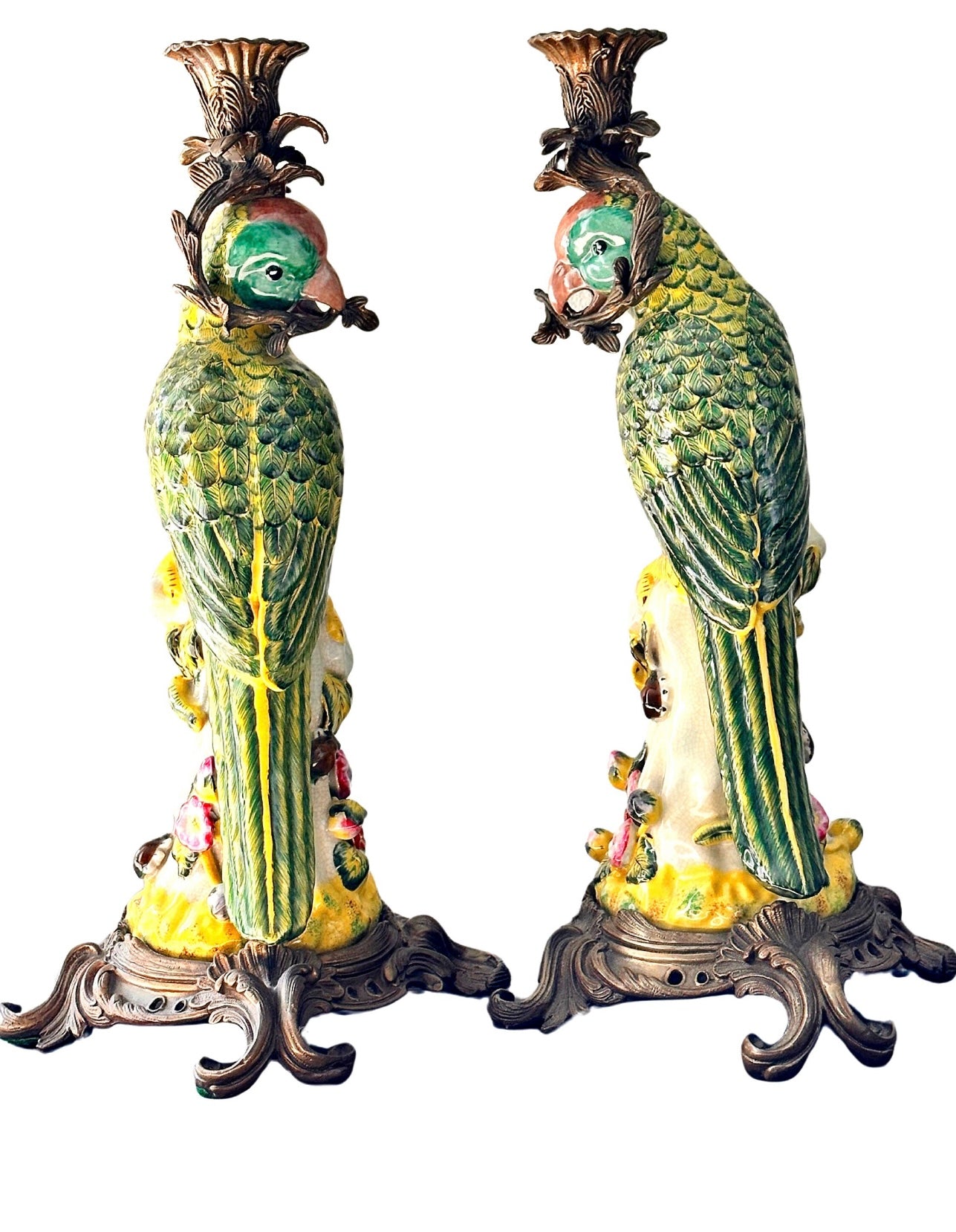 Vintage Glazed Ceramic Parrot Candleholders With Bronze Detail - a Pair