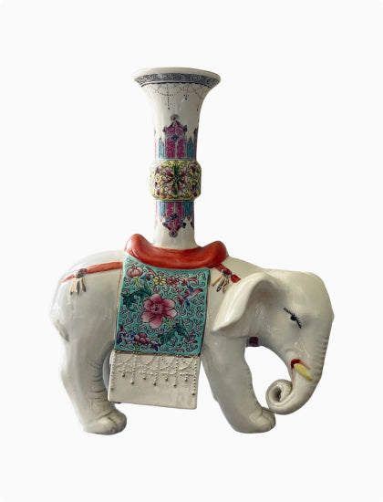 Vintage Chinese Famille Rose Porcelain Elephant Joss Stick or Candle Holder