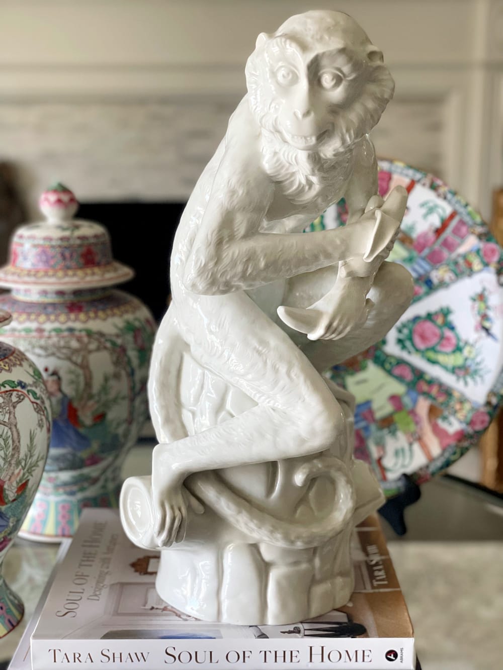 Vintage Blanc de Chin German Porcelain Seated Sitting Monkey Statue