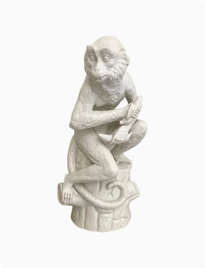 Vintage Blanc de Chin German Porcelain Seated Sitting Monkey Statue