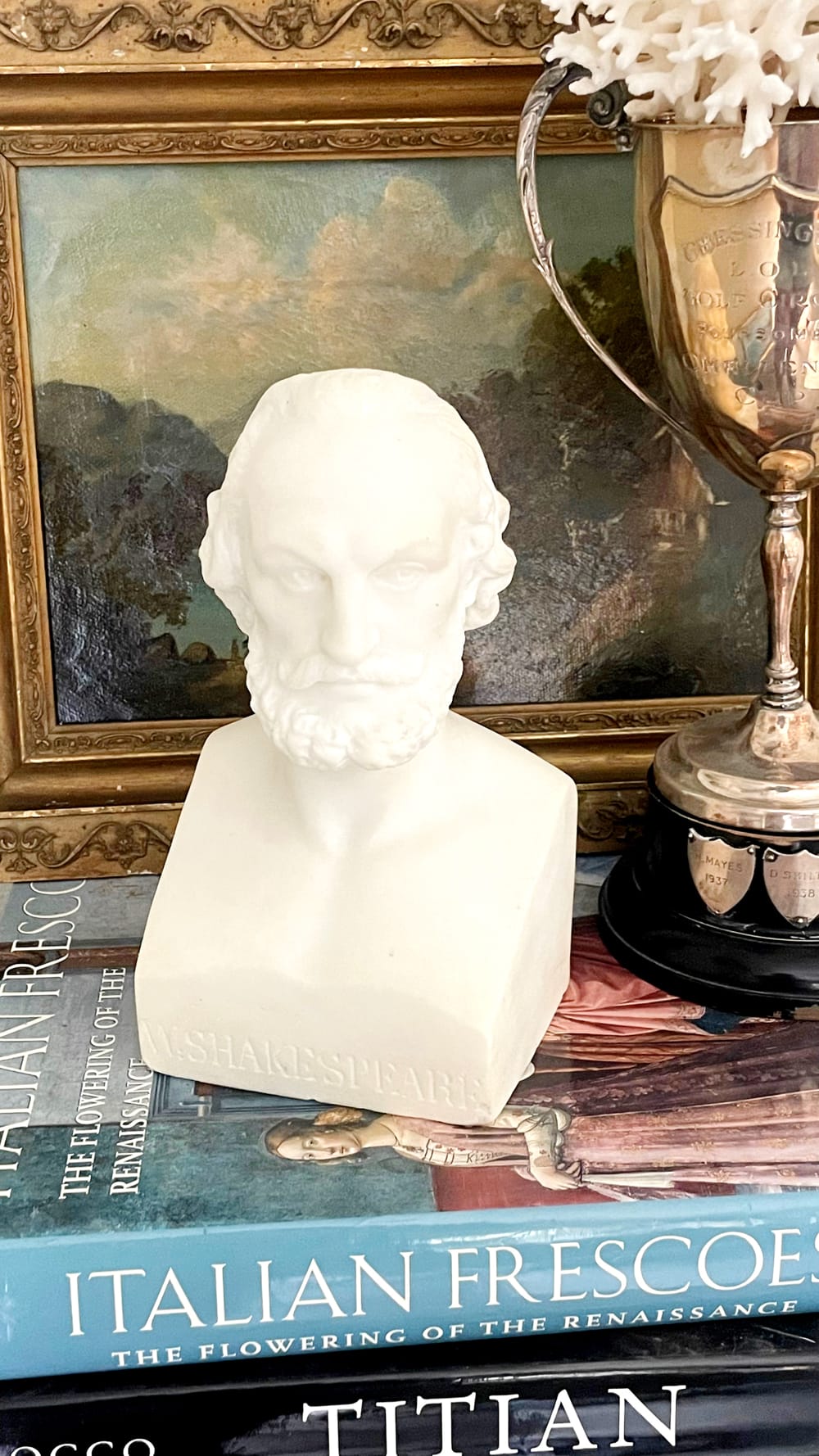 Vintage Carved Marble Bust or Statue of William Shakespeare